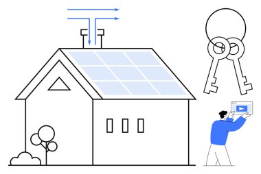 Güneş panelleri, ağaçlar, büyük anahtarlar ve tabletle donatılmış bir ev. Yenilenebilir enerji, ev sahipliği, eko-yaşam, enerji verimliliği, fütüristik tasarım için ideal basit emlak