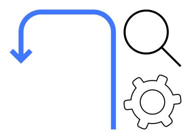 Kavisli mavi ok, büyüteç ve teçhizat süreç adımlarını ve ilerlemeyi temsil ediyor. İş akışı tasarımı, analiz, soruşturma, güncellemeler, sorun giderme, üretkenlik düz metaforu için ideal
