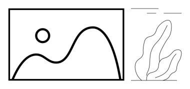 Kavisli tepeleri, bir güneşi ve akan organik şekilleri olan soyut bir manzara. Doğadan esinlenilmiş tasarım, basitlik, minimalizm temaları, temiz estetik, web siteleri, yaratıcı projeler için idealdir.
