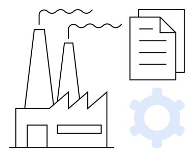 Duman yayan iki bacalı fabrika, doküman yığını ve endüstriyel üretimi, planlamayı ve verimliliği sembolize eden teçhizat. Üretim, yönetim, endüstri ve süreç için ideal