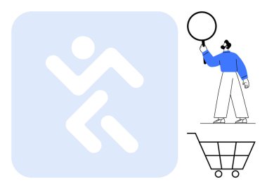 Mavi şekilli soyut figür elinde büyüteçle alışveriş arabasının yanında duran adam. E-ticaret, dijital arama, alışveriş, analiz, kullanıcı davranışı, pazarlama stratejisi, basit iniş için ideal