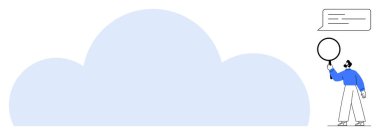 Bulutun yanında bir düşünce balonu tutan kişi yaratıcılığı, beyin fırtınasını ve fikirleri akla getiriyor. Yenilik, tasarım, teknoloji, hayal gücü, bulut depolama ekibi çalışması için ideal basit bir iniş sayfası