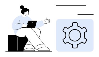 Bir vites simgesine doğru hareket eden, sistem ayarlarını, otomasyonunu ve teknoloji kavramlarını vurgulayan bir dizüstü bilgisayar. IT, teknoloji, yenilik, işbirliği, üretkenlik eğitimi için ideal