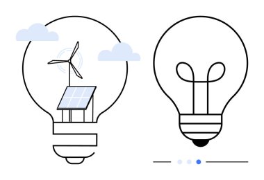 Bir rüzgar türbini ve güneş paneli içeren ampul, yenilenebilir enerji sembolleri, standart bir ampul hattının yanında. Sürdürülebilirlik, yenilik, yeşil enerji, eko-teknoloji, temiz enerji için ideal