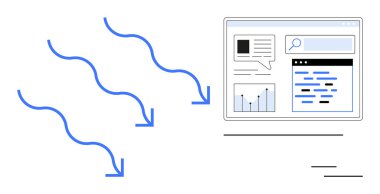 Oklar, çizelgeler, grafikler ve arama araçlarıyla birlikte bir web sitesi analitik gösterge paneline doğru akışını gösteriyor. Pazarlama, SEO, trafik analizi, web performansı, veri takibi, strateji ve basit
