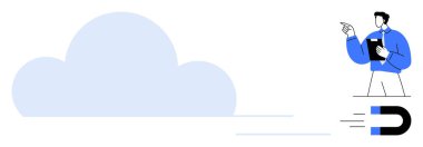 Mıknatıs simgesi çekerken elinde bir pano olan kişi bulutu işaret eder. Bulut teknolojisi, veri depolama, dijital dönüşüm, yenilik, strateji, iş planlaması için ideal