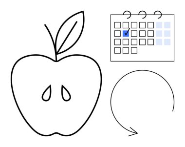 Apple taslağı, işaretli takvim ve besin, zaman yönetimi ve sürdürülebilir alışkanlıkları yansıtan dairesel ok. Diyet, sağlık, verimlilik rutin planlama yaşam tarzı kavramları için idealdir. Düz