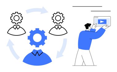 Takım simgeleri ve birbirine bağlı oklarla ortak çalışma akışı. Bir kişi video içeriği sunar. Takım çalışması, süreçler, dijital işbirliği, eğitim, eğitim, yönetim ve basit