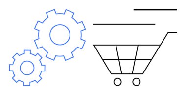 Alışveriş arabası ve iç içe geçmiş vites simgeleri e-ticareti, sistem otomasyonunu, verimliliği sembolize ediyor. Çevrimiçi iş, ilerleme süreci, bütünleşme, e-ticaret iş akışları, verimlilik için ideal
