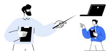 İki profesyonel etkileşimde bulunuyor, biri işaretleyici kullanıyor, diğeri de elinde dizüstü bilgisayarla pano tutuyor. İletişim, işbirliği, takım çalışması, liderlik, eğitim, planlama sunumu için ideal