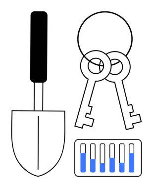 Bahçıvanlık malası, iki antika anahtar ve mavi şarj seviyeli pil. Temalar için ideal araçlar, güvenlik, enerji, DIY projeleri, işlevsellik, minimalizm ve basit iniş