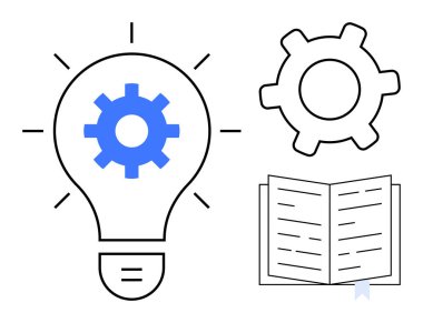 Teçhizatlı ampul, açık kitap ve vites simgesi bilgiyi, yeniliği, yaratıcılığı, öğrenmeyi, stratejiyi ve problem çözmeyi sembolize eder. Teknoloji eğitimi takım çalışması için ideal yenilik