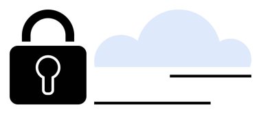 Siyah asma kilit, güvenli bulut bilgisayarını sembolize eden yumuşak mavi bulut şeklinin yanında. Siber güvenlik, bulut depolama, veri koruması, çevrimiçi güvenlik, ağ şifreleme, gizlilik, daire sade
