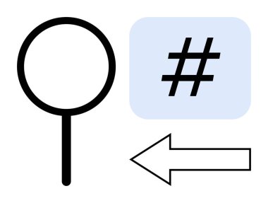 Soluk mavi karede büyüteç, meta veri etiketi ve arama, keşif, navigasyon, sosyal medya, organizasyon, yön iletişimi ve temel UI elemanlarını sembolize eden sola doğru ok. İdeal