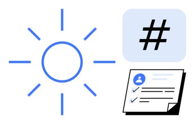 Kullanıcı profilli kontrol listesi belgesinin yanında güneş simgesi ve üstverisi etiketi sembolü. Üretim, organizasyon, hedefler, sosyal medya, görevler, takım çalışması ve basit iniş sayfası için ideal