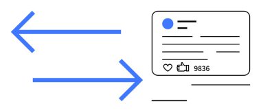 Soldaki mavi çift ok profilli bir sosyal medya paylaşımına bağlanıyor, başparmaklar yukarı ve yorumlar sayılıyor. Dijital pazarlama, kullanıcı etkileşimi, katılım, analitik, çevrimiçi ağ için ideal