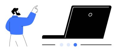 Profesyonel bir iş adamı odak göstergeleri olan bir dizüstü bilgisayarı işaret ediyor. Eğitim, eğitim, iş, strateji, teknoloji, takım çalışması için ideal