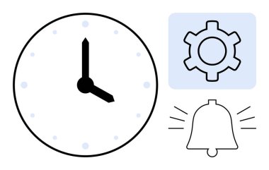 Analog saat, dişli ve alarm zili zaman yönetimini, zamanlamayı, bildirimleri ve sistem ayarlarını sembolize ediyor. İş akışı optimizasyonu, görev planlaması, üretkenlik kavramları ve basit bir