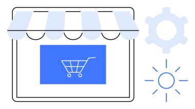 Vitrindeki tentede bir alışveriş arabası, yanında da vites ve güneş var. E-ticaret, dijital mağaza, çevrimiçi iş, teknoloji, kişiselleştirme, verimlilik artışı için ideal. Düz basit
