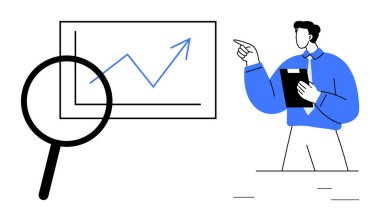 Profesyonel jestler yaparken ekranda yukarı doğru grafiği vurgulayan büyüteç. Analiz, strateji, araştırma, planlama, performans, üretkenlik, düz metafor için ideal