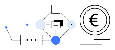 Birbirine bağlı düğümlere, veri yapılarına ve Avrupa para birimi çemberine sahip soyut ağ. Ödeme sistemleri, finans, teknoloji, engelleme zinciri, yatırımlar, para transferi için ideal düz bir metafor
