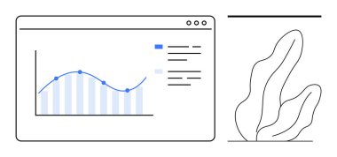 Analitik arayüz bir çizgi ve bar çizelgesi, grafik efsanesi ve minimalist yaprak şekli ile. Veri analizi için ideal, istatistik, dijital araçlar, gösterge panelleri, araştırma, görselleştirme basit iniş sayfası