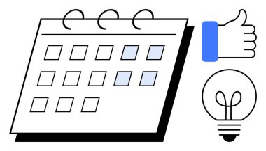 Vurgulanmış tarihli spiral takvim, onay için bir işaret ve yaratıcılığı gösteren bir ampul. Planlama, organizasyon, üretkenlik, onay, yenilik, takım çalışması için ideal