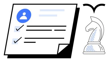 Profil simgesi, kontrol listesi ve şövalye satranç taşı içeren belgeler strateji, planlama ve verimlilik öneriyor. Yönetim, organizasyon, karar verme hedefi belirleyen liderlik için idealdir. Düz