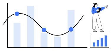 Veri analisti çizelge grafiği ve çubuk grafiğiyle eğilimleri gösteren bir tabloya işaret ediyor. Analiz, istatistik, sunum, veri analizi, iş stratejisi, tahmin, basit iniş için ideal