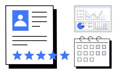 Beş yıldızlı çalışan profili, analitik torpido gözünde veri tablosu ve takvim grafiği. Performans değerlendirmesi, analitik, işe alım, planlama, verimlilik, programlama ve basit için ideal