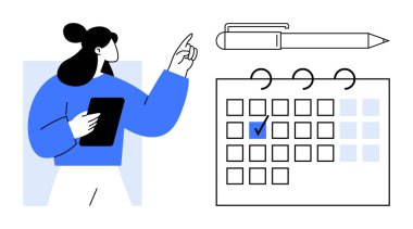 Üzerinde kalem olan işaretli bir takvime işaret eden bir tablet tutan kadın. Zaman yönetimi, organizasyon, verimlilik, randevu zamanlaması, hedef izleme, planlama, düz basit metafor