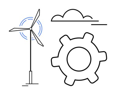Rüzgar türbini, stilize ekipman ve bulut ana hatları temiz enerji, çevre dostu teknoloji, yenilik, yeşil çözümler, iklim hareketi, çevresel etki ve sürdürülebilir kalkınmayı vurguluyor. İdeal