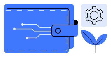Teknolojiyi simgeleyen devre çizgileri olan mavi dijital cüzdan, ayarlar için dişli simgesi ve büyümeyi temsil eden bir bitki. Finans, fintech, teknoloji, uygulamalar, yenilik, ekoloji için ideal