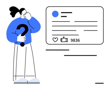 Sosyal medya paylaşımının yanında soru işareti tutan kafası karışmış bir şahıs, olumlu tepkiler veriyor. Dijital pazarlama, sosyal medya etkisi, çevrimiçi analitikler, veri takibi, katılım için ideal