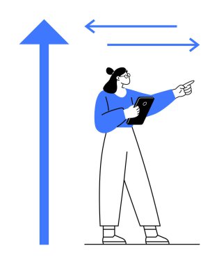 Profesyonel kadın tutucu tablet, büyümeyi, hedefleri, rehberliği ve planlamayı sembolize eden oklarla yukarı doğru hareket ediyor. Liderlik, iş büyümesi, verimlilik, strateji yenilik kariyeri için ideal