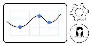 Izgara biçimi grafiğinde mavi veri noktaları, kullanıcı profili simgesi ve dişli çizgi grafiği. Analiz, iş stratejisi, teknoloji, veri işleme, yönetim kullanıcı deneyimi yeniliği için idealdir. Düz