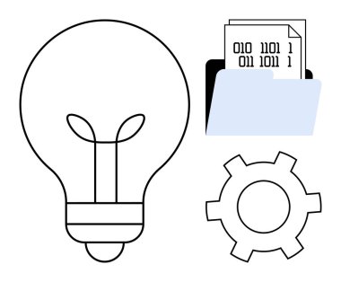 Fikirleri sembolize eden ampul, süreçler için teçhizat ve veri için ikili kod içeren klasör. Teknoloji, yenilik, veri yönetimi, yaratıcılık, problem çözme, sistem tasarımı için ideal