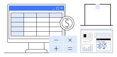 Masaüstü monitörü hesap tablosu, matematik sembollü hesap makinesi, dolar simgesi ve analitik gösterge panelini gösteriyor. Finans, bütçe, muhasebe, veri yönetimi, yazılım araçları e-öğrenme için ideal