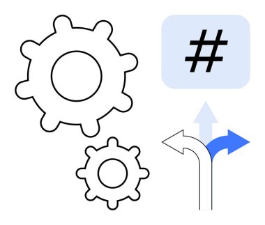 İki vites ana hatları, mavi bir kutuda bir meta veri etiketi ve farklı oklar takım çalışması, dijital sistemler, karar verme mekanizması, esneklik, yenilik ve süreç verimliliğini temsil ediyor. Teknoloji sektörü için ideal