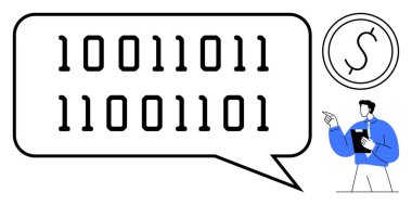 Bir iş adamının bozuk parayı işaret ettiği bir konuşma balonunda ikili kod. Kripto para birimi, fintech, engelleme zinciri, teknoloji, kodlama eğitimi, yazılım geliştirme, soyut düz metafor için ideal