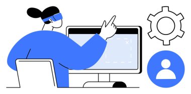 Bir masaüstü monitörü kullanan, görev veya arayüze işaret eden, dişli ve kullanıcı profili simgeleriyle birlikte bir kişi. Teknoloji için ideal, UIUX, takım çalışması, iş akışı, yenilik, yazılım sade iniş sayfası