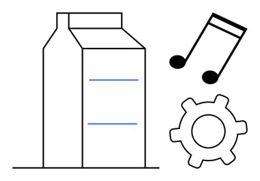 Süt kutusu, müzik notası ve vites besin, sanatsal yaratıcılık ve teknolojik yenilikleri gösteriyor. Gıda üretimi, müzik teknolojisi, iş akışı optimizasyonu, yaratıcı süreçler için ideal