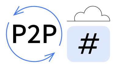 P2P oklar, bulut simgesi ve üstverilerle çevrili. Teknoloji, ağ oluşturma, işbirliği, veri paylaşımı, bulut depolama, hashtag konsepti basit iniş sayfası için ideal