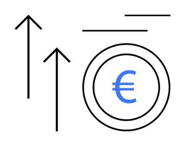 Maliye, büyüme, ekonomik eğilimler, küresel ticaret, başarı, istikrar ve ilerlemeyi gösteren yukarı bakan oklar ve minimalist çizgilere sahip Euro sikkesi. Ekonomiyle ilgili konular için ideal, düz basit