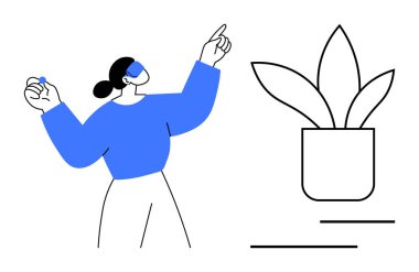 Yukarı doğru bakan ve elinde bir nesne tutan bir kadın, basit bir saksı bitkisinin yanında duruyor. Yaratıcılık için ideal, büyüme, yenilik, doğa, liderlik, kişisel gelişim temiz tasarım. Düz basit