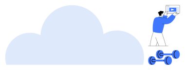 Büyük bulut şekli, elinde tablet olan bir video ve iki dambıl. Fitness, teknoloji, öğrenme, uzaktan eğitim, çevrimiçi hizmetler, bulut çözümleri için ideal basit iniş sayfası