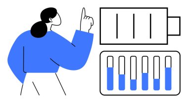 Pil göstergesi ve test tüplerine doğru hareket eden biri. Enerji, araştırma, yenilik, bilim, laboratuvar çalışması, sürdürülebilirlik, basit iniş sayfası için ideal