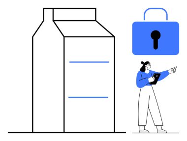 Güvenliği temsil eden bir kilit simgesi ve önünü gösteren bir tablet tutan büyük bir karton kutu. Gıda güvenliği, ürün koruması, dijital çözümler, e-ticaret, lojistik için ideal