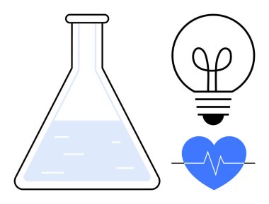 Sıvı olan matara bilimi simgeler, ampul yeniliği yansıtır, kalp atışı çizgisi olan kalp sağlığı simgeler. Araştırma, sağlık, keşif, eğitim, yenilik ve yaratıcılık için ideal
