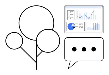 Minimalist ağaç diyagramı, çizelgeli analitik gösterge paneli ve sohbet balonu. İş analizleri, takım çalışması, dijital strateji, iletişim, büyüme projeleri, eğitim sade iniş sayfası